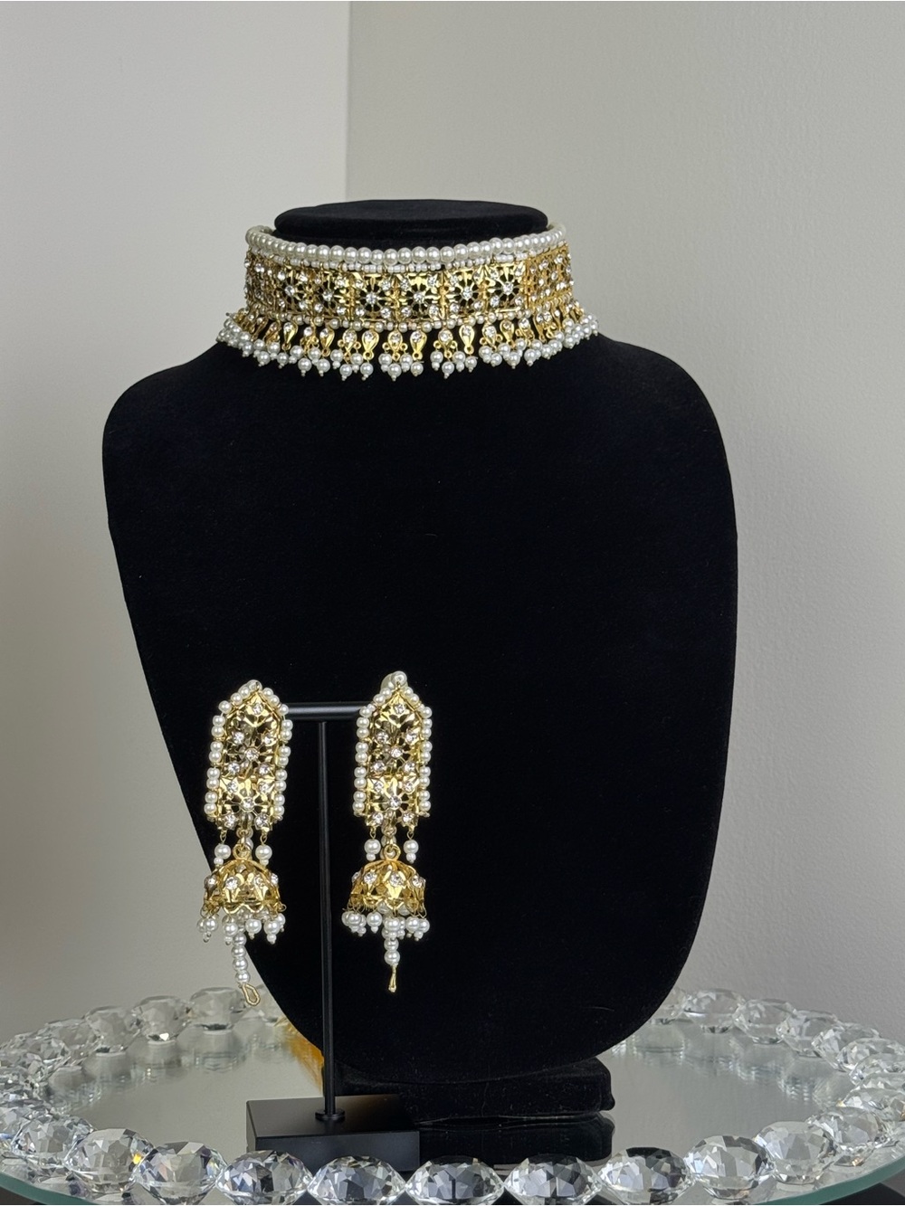 Ethnic Indian Wear Gold and White Pearl Choker Necklace with Matching Earrings